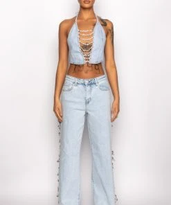COVERED IN DIAMONDS DENIM PLUNGE CROP TOP -akira shop covered in diamonds denim plunge crop top light blue 10 10