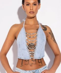 COVERED IN DIAMONDS DENIM PLUNGE CROP TOP