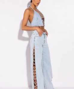 COVERED IN DIAMONDS DENIM PLUNGE CROP TOP -akira shop covered in diamonds denim plunge crop top light blue 3 3