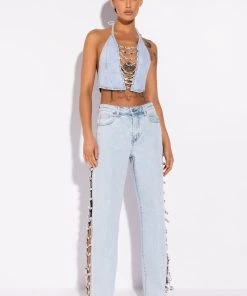 COVERED IN DIAMONDS DENIM PLUNGE CROP TOP -akira shop covered in diamonds denim plunge crop top light blue 4 4