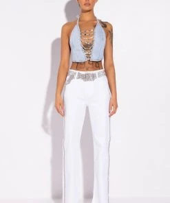 COVERED IN DIAMONDS DENIM PLUNGE CROP TOP -akira shop covered in diamonds denim plunge crop top light blue 5 5