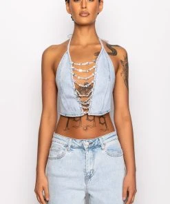 COVERED IN DIAMONDS DENIM PLUNGE CROP TOP -akira shop covered in diamonds denim plunge crop top light blue 6 6