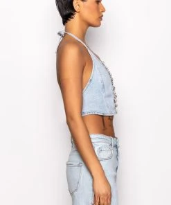 COVERED IN DIAMONDS DENIM PLUNGE CROP TOP -akira shop covered in diamonds denim plunge crop top light blue 7 7