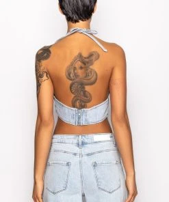COVERED IN DIAMONDS DENIM PLUNGE CROP TOP -akira shop covered in diamonds denim plunge crop top light blue 8 8