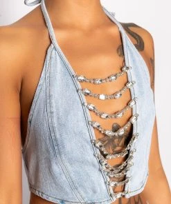 COVERED IN DIAMONDS DENIM PLUNGE CROP TOP -akira shop covered in diamonds denim plunge crop top light blue 9 9