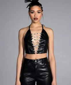 COVERED IN ICE FAUX LEATHER RHINESTONE TANK TOP -akira shop covered in ice faux leather rhinestone tank top black 5 5