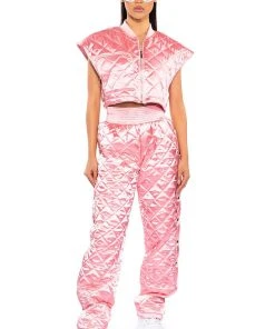 COZY MODE QUILTED SATIN BREAKAWAY JOGGER IN PINK -akira shop cozy mode quilted satin breakaway jogger in pink pink 3 3