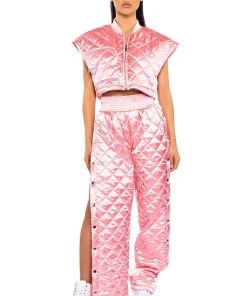 COZY MODE QUILTED SATIN BREAKAWAY JOGGER IN PINK -akira shop cozy mode quilted satin breakaway jogger in pink pink 4 4