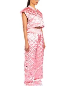 COZY MODE QUILTED SATIN BREAKAWAY JOGGER IN PINK -akira shop cozy mode quilted satin breakaway jogger in pink pink 5 5