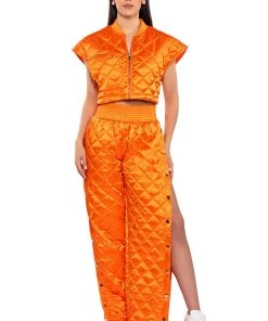 COZY MODE QUILTED SATIN BREAKAWAY JOGGER -akira shop cozy mode quilted satin breakaway jogger orange 4 4