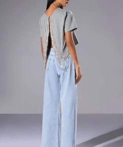 CURTAIN CALL OPEN BACK RHINESTONE CREW NECK TSHIRT -akira shop curtain call open back rhinestone crew neck tshirt heather grey 4 4 c1