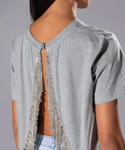 CURTAIN CALL OPEN BACK RHINESTONE CREW NECK TSHIRT -akira shop curtain call open back rhinestone crew neck tshirt heather grey 7 7 c1