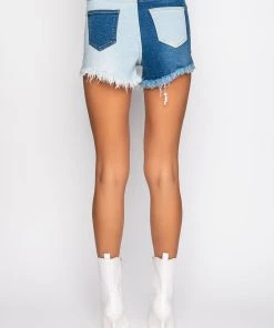 DEPENDS ON MY MOOD TWO TONE HIGH RISE FRAYED JEAN SHORTS -akira shop depends on my mood two tone high rise frayed jean shorts medium blue denim 11 11