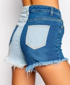 DEPENDS ON MY MOOD TWO TONE HIGH RISE FRAYED JEAN SHORTS -akira shop depends on my mood two tone high rise frayed jean shorts medium blue denim 13 13