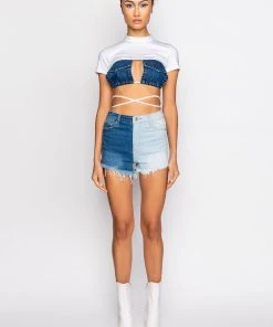 DEPENDS ON MY MOOD TWO TONE HIGH RISE FRAYED JEAN SHORTS -akira shop depends on my mood two tone high rise frayed jean shorts medium blue denim 14 14