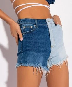 DEPENDS ON MY MOOD TWO TONE HIGH RISE FRAYED JEAN SHORTS -akira shop depends on my mood two tone high rise frayed jean shorts medium blue denim 4 4