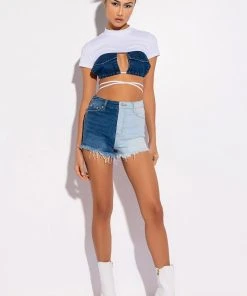 DEPENDS ON MY MOOD TWO TONE HIGH RISE FRAYED JEAN SHORTS -akira shop depends on my mood two tone high rise frayed jean shorts medium blue denim 7 7