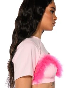 DIONNE FEATHER TRIM BRA AND ULTRA CROP TSHIRT SET -akira shop dionne feather trim bra and ultra crop tshirt set pink multi 5 5