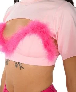 DIONNE FEATHER TRIM BRA AND ULTRA CROP TSHIRT SET -akira shop dionne feather trim bra and ultra crop tshirt set pink multi 7 7