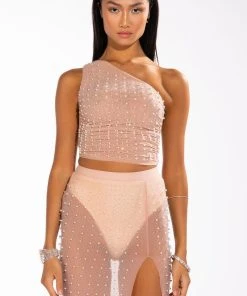 DISCO DOLL EMBELLISHED ONE SHOULDER MESH CROP TOP -akira shop disco doll embellished one shoulder mesh crop top light brown 3 3