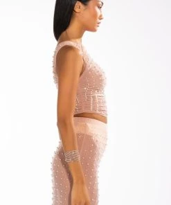 DISCO DOLL EMBELLISHED ONE SHOULDER MESH CROP TOP -akira shop disco doll embellished one shoulder mesh crop top light brown 5 5