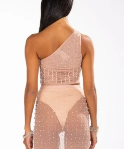 DISCO DOLL EMBELLISHED ONE SHOULDER MESH CROP TOP -akira shop disco doll embellished one shoulder mesh crop top light brown 6 6