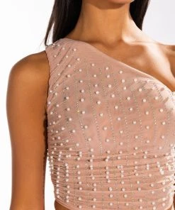DISCO DOLL EMBELLISHED ONE SHOULDER MESH CROP TOP -akira shop disco doll embellished one shoulder mesh crop top light brown 7 7