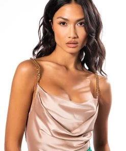 DIVA DRIP SLEEVELESS CHAIN DETAIL SATIN COWL NECK BLOUSE