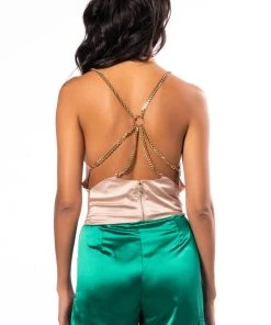 DIVA DRIP SLEEVELESS CHAIN DETAIL SATIN COWL NECK BLOUSE -akira shop diva drip sleeveless chain detail satin cowl neck blouse beige 9 9