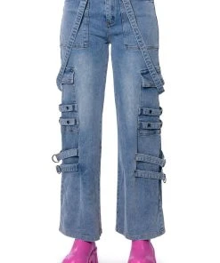 DONT TAKE HIM BACK WIDE LEG SUSPENDER CARGO JEANS -akira shop dont take him back wide leg suspender cargo jeans medium blue denim 6 6