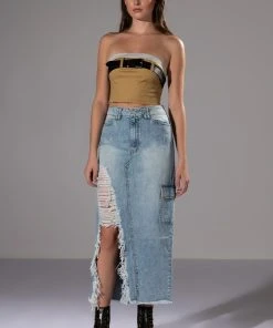 DOUBLE OHS CARGO DISTRESSED MIDI SKIRT -akira shop double ohs cargo distressed midi skirt light blue denim 2 2