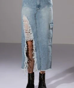 DOUBLE OHS CARGO DISTRESSED MIDI SKIRT -akira shop double ohs cargo distressed midi skirt light blue denim 4 4