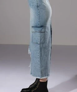 DOUBLE OHS CARGO DISTRESSED MIDI SKIRT -akira shop double ohs cargo distressed midi skirt light blue denim 5 5