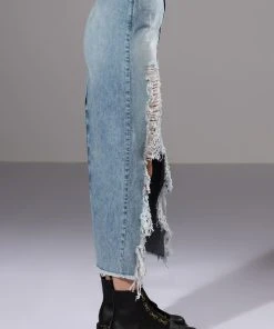 DOUBLE OHS CARGO DISTRESSED MIDI SKIRT -akira shop double ohs cargo distressed midi skirt light blue denim 6 6