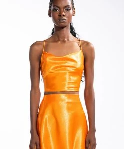 DUSK TILL DAWN CROPPED SLEEVELESS SATIN COWL NECK TANK TOP -akira shop dusk till dawn cropped sleeveless satin cowl neck tank top orange 4 4