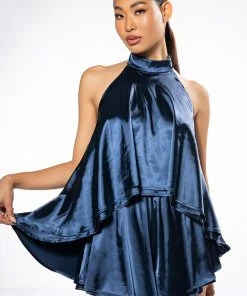 EASY GOING HIGH LOW SATIN HALTERNECK TOP