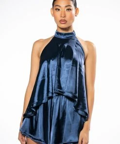 EASY GOING HIGH LOW SATIN HALTERNECK TOP -akira shop easy going high low satin halterneck top teal 3 3