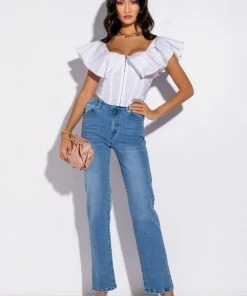 ELEVATED MID RISE STUD SLIT STRAIGHT JEANS -akira shop elevated mid rise stud slit straight jeans medium blue denim 3 3