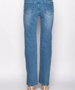 ELEVATED MID RISE STUD SLIT STRAIGHT JEANS -akira shop elevated mid rise stud slit straight jeans medium blue denim 5 5
