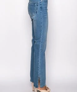 ELEVATED MID RISE STUD SLIT STRAIGHT JEANS -akira shop elevated mid rise stud slit straight jeans medium blue denim 6 6