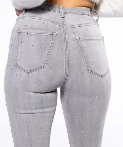 EXTREME STRETCH HIGH WAISTED SKINNY JEANS WITH RHINESTONES -akira shop extreme stretch high waisted skinny jeans with rhinestones grey 6 6