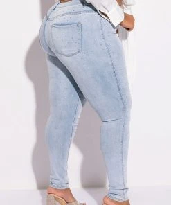 EXTREME STRETCH HIGH WAISTED SKINNY JEANS WITH RHINESTONES -akira shop extreme stretch high waisted skinny jeans with rhinestones light blue denim 2 2 c1