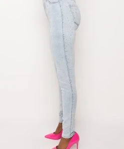 EXTREME STRETCH HIGH WAISTED SKINNY JEANS WITH RHINESTONES -akira shop extreme stretch high waisted skinny jeans with rhinestones light blue denim 4 4