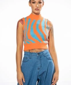 EYE OF THE TIGER SLEEVELESS SWEATER 15 EYE OF THE TIGER SLEEVELESS SWEATER -akira shop eye of the tiger sleeveless sweater orange multi 5 5