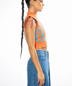 EYE OF THE TIGER SLEEVELESS SWEATER 16 EYE OF THE TIGER SLEEVELESS SWEATER -akira shop eye of the tiger sleeveless sweater orange multi 6 6