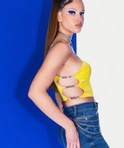 FEELING SPICY RHINESTONE CHAIN SATIN BUSTIER 20 FEELING SPICY RHINESTONE CHAIN SATIN BUSTIER -akira shop feeling spicy rhinestone chain satin bustier yellow 4 4