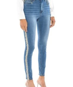FELLING LIKE A STAR HIGH RISE RHINESTONE SKINNY JEANS -akira shop felling like a star high rise rhinestone skinny jeans medium blue denim 2 2 c1 c1 c1