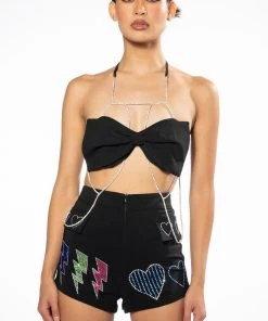 FLASHING LIGHTS RHINESTONE ROPE BRALETTE -akira shop flashing lights chain detail bralette black silver 6 6