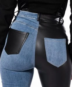 EXTREME STRETCH HIGH WAIST SKINNY JEANS -akira shop flex fit extreme stretch half and half pu high waist skinny jeans black denim 10 10