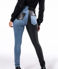 EXTREME STRETCH HIGH WAIST SKINNY JEANS -akira shop flex fit extreme stretch half and half pu high waist skinny jeans black denim 1 1 c1